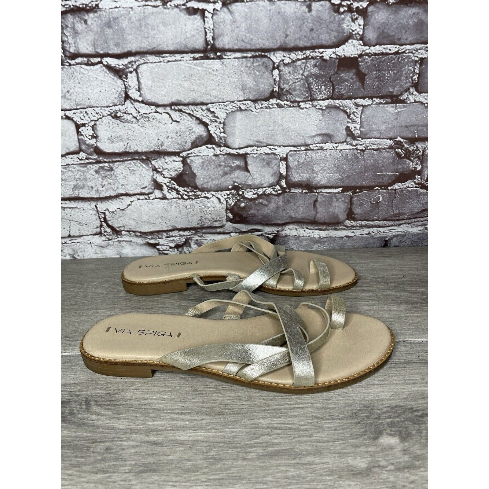 Other Via Spiga Metallic Silver Leather Toe Post Slides Sandals Wo Size US 10 / IT 40 - 10 Thumbnail