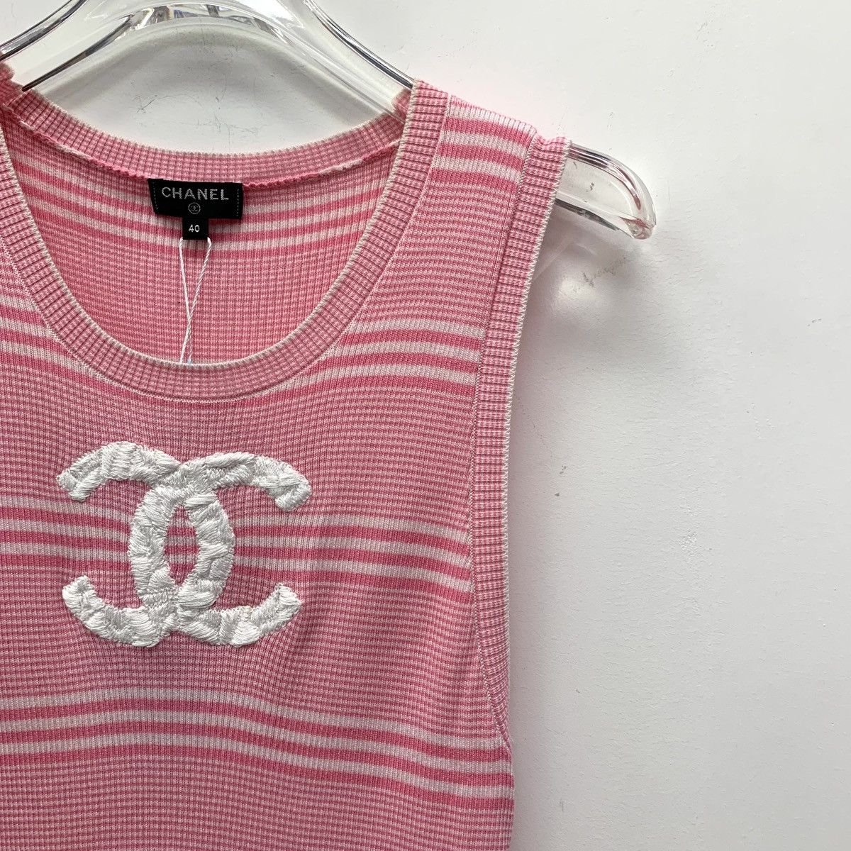 Chanel Chanel Pink Striped Logo Embroidered Cotton Knit Tank Top Size M / US 6-8 / IT 42-44 - 3 Thumbnail
