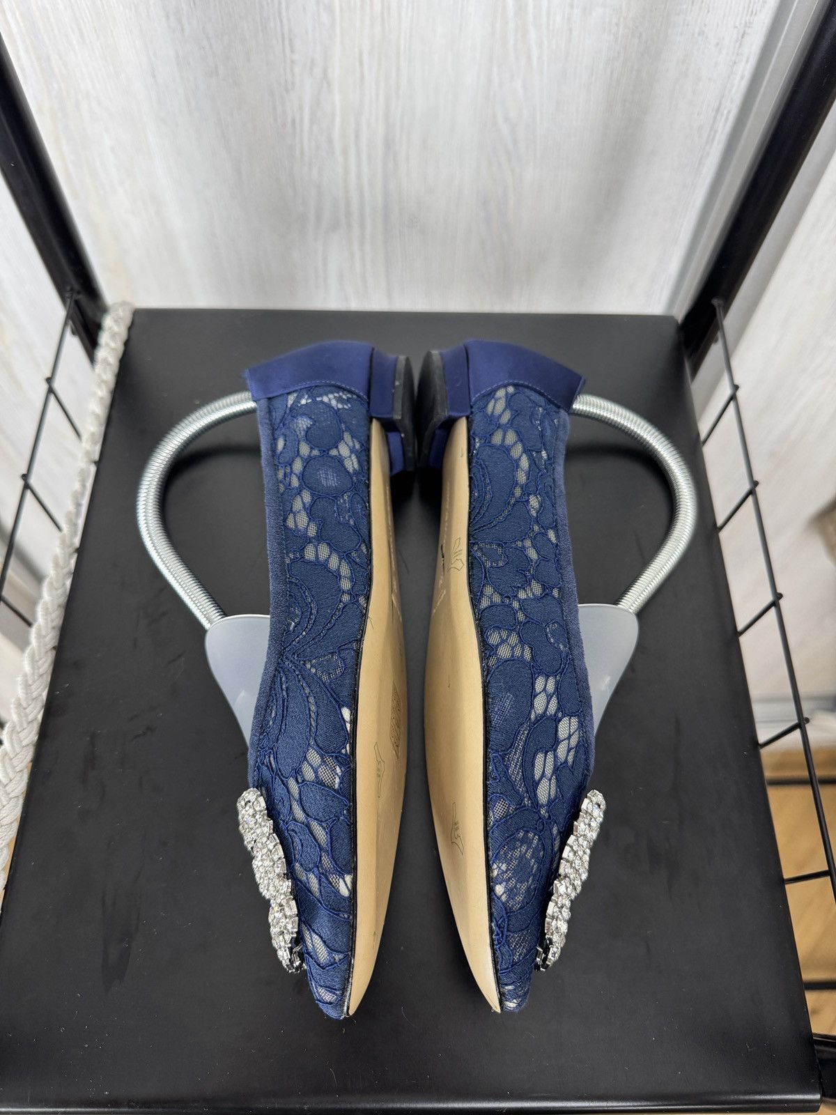 Manolo Blahnik Manolo Blahnik Navy Blue Lace and Satin Hangisi Ballet Flats Size US 9 / IT 39 - 10 Thumbnail