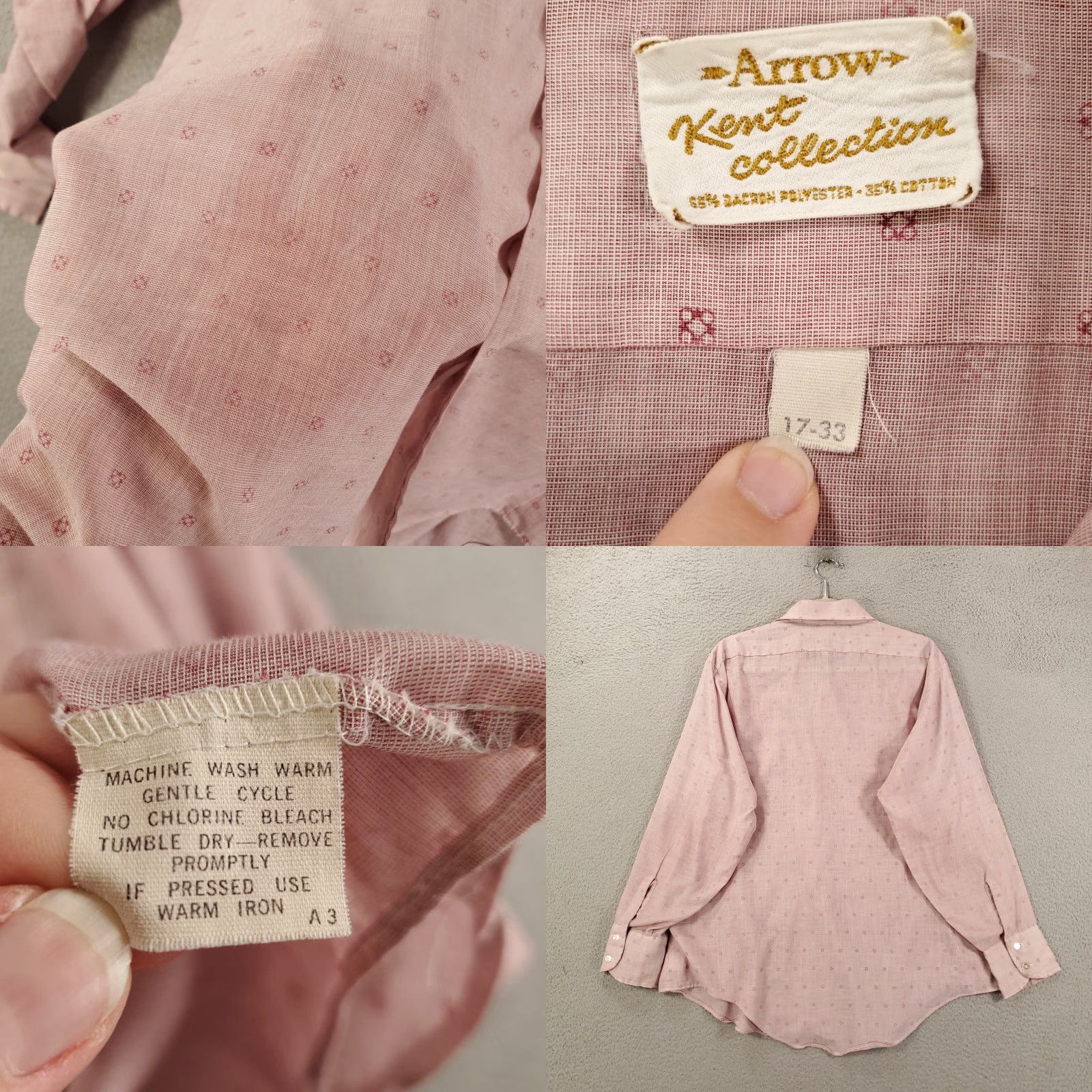 Arrow VINTAGE Arrow 70s Disco Shirt Mens L Pink Button-Up Geometric 70s Retro Classic Sheer Cotton Polyester Lightweight Breathable All Seasons Size US L / EU 52-54 / 3 - 8 Thumbnail