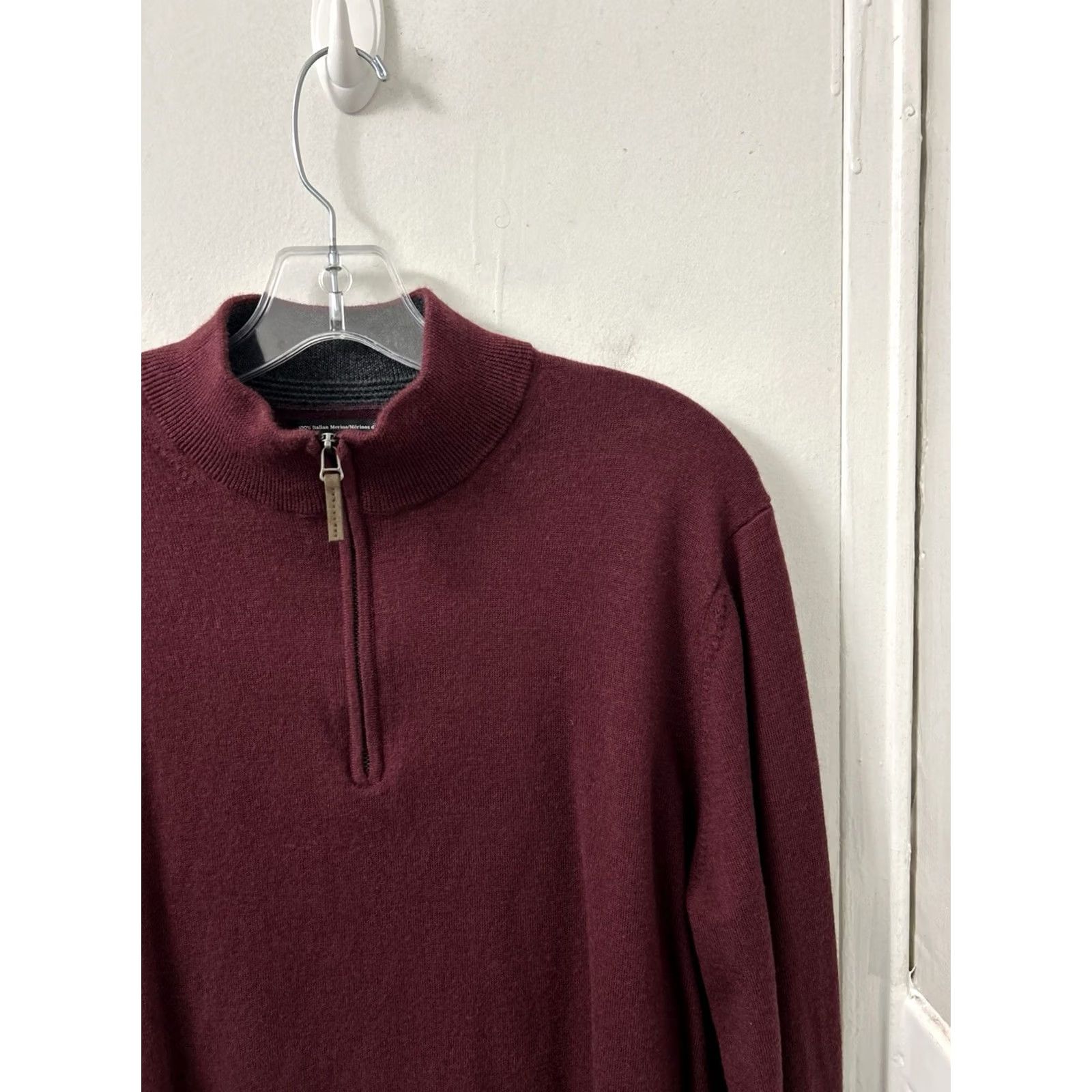 Nordstrom Nordstrom Mens XL Burgundy 100% Italian Merino Wool 1/4 Zip Sweater Pullover L/S Mock Neck Regular Fit Dry Clean Only Size US XL / EU 56 / 4 - 4 Thumbnail