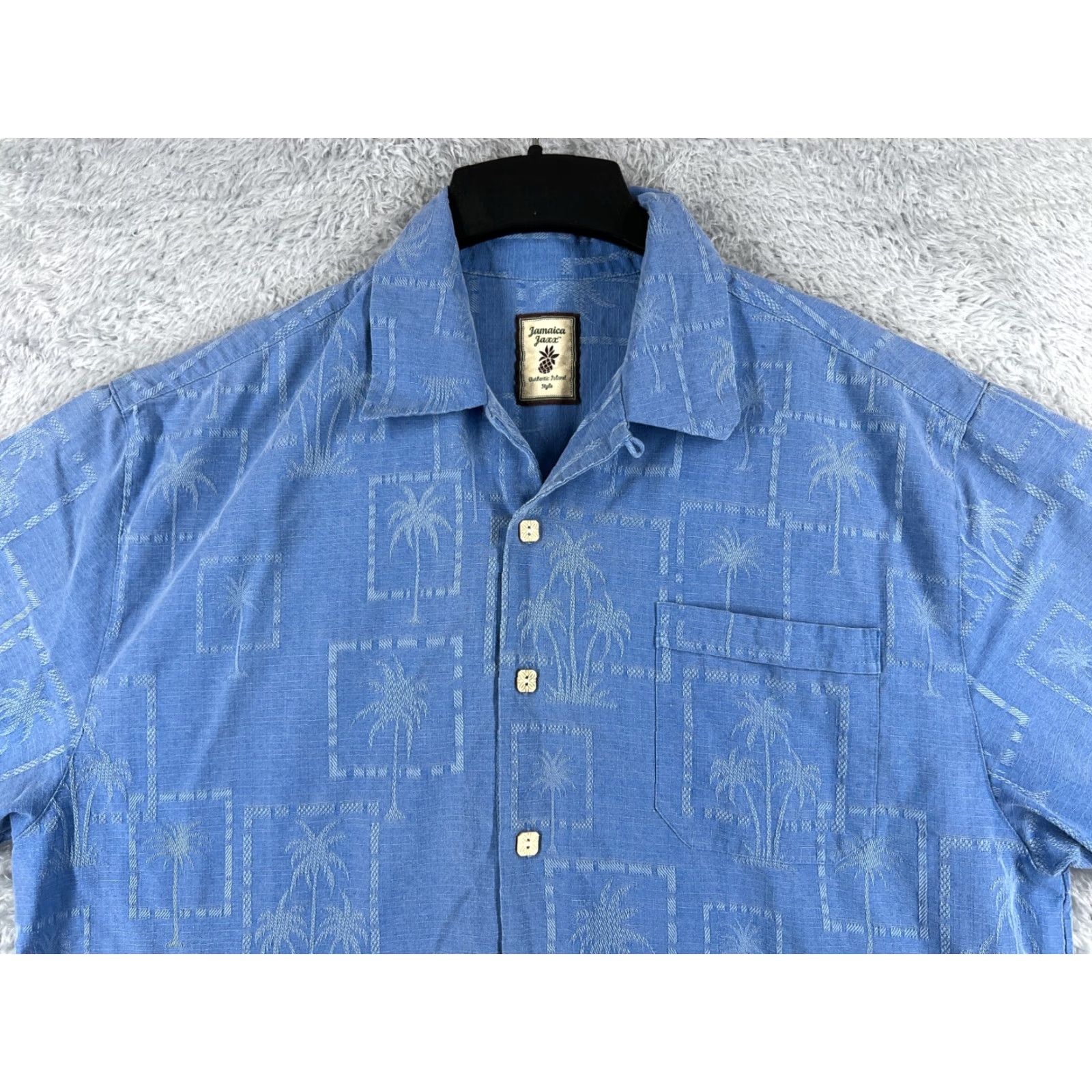 Vintage Jamaica Jaxx Shirt Men Large Blue Palm Tile Button Up Pocket Hawaiian 100% Silk Size US L / EU 52-54 / 3 - 4 Thumbnail
