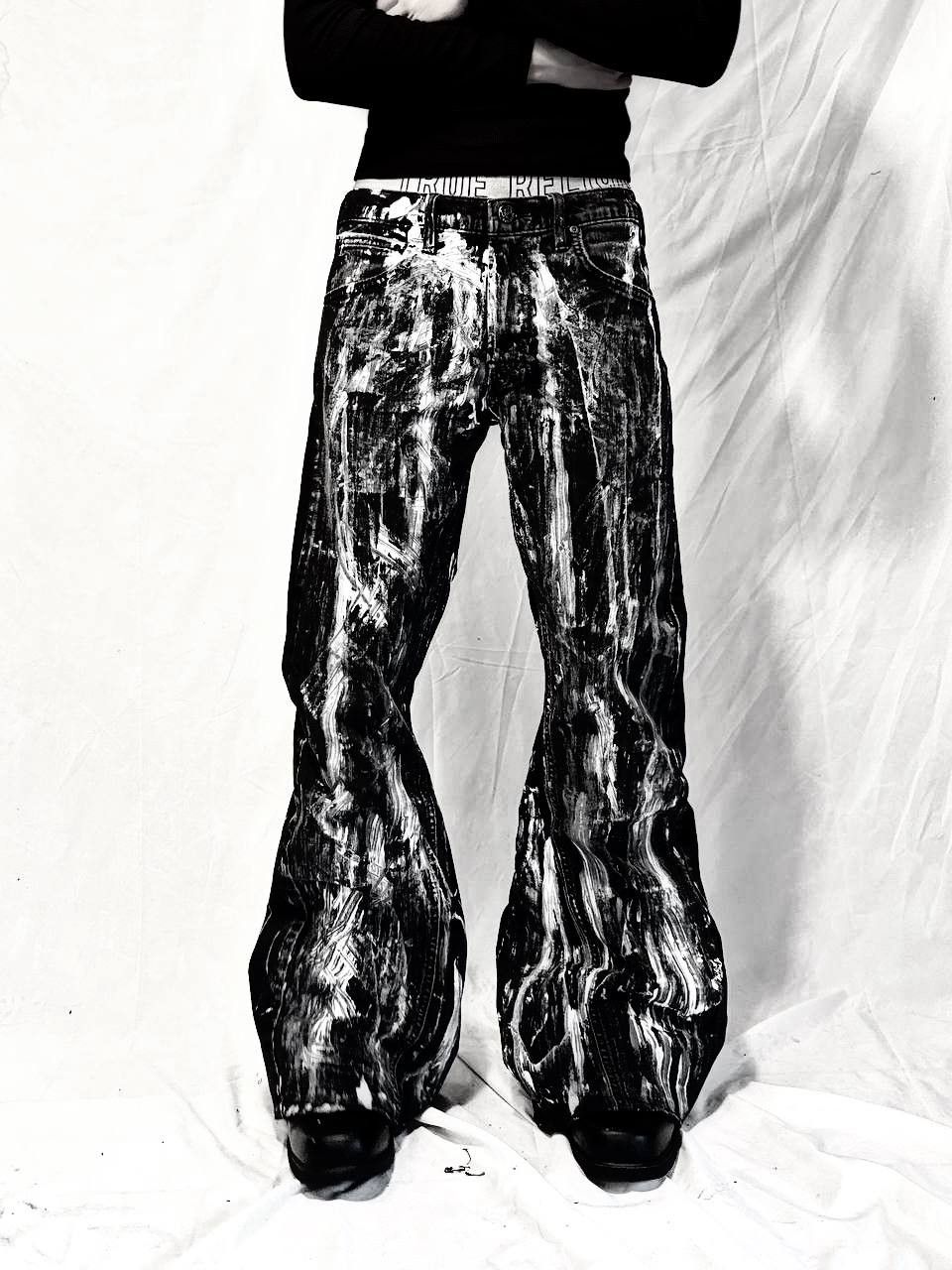 Japanese Brand Custom Black Baggy Distressed Jeans Painted Wide Leg Size US 31 - 5 Thumbnail