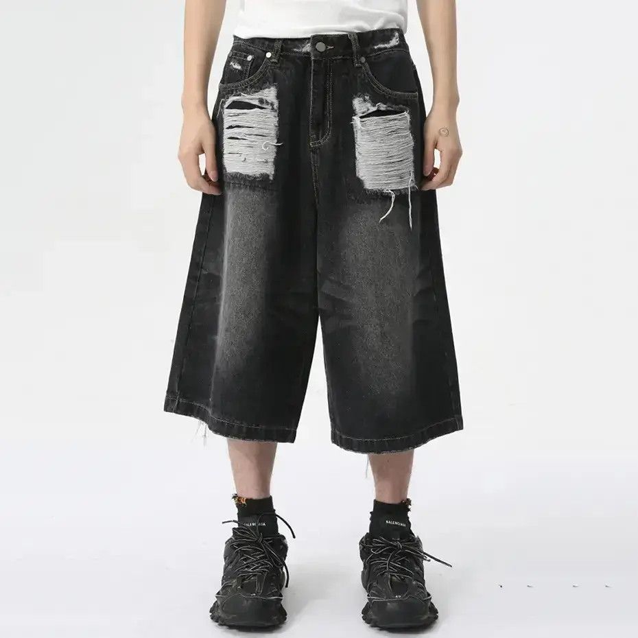 Japanese Brand Baggy Denim Ripped Whiskers Thread Jorts Size US 32 / EU 48 - 6 Thumbnail