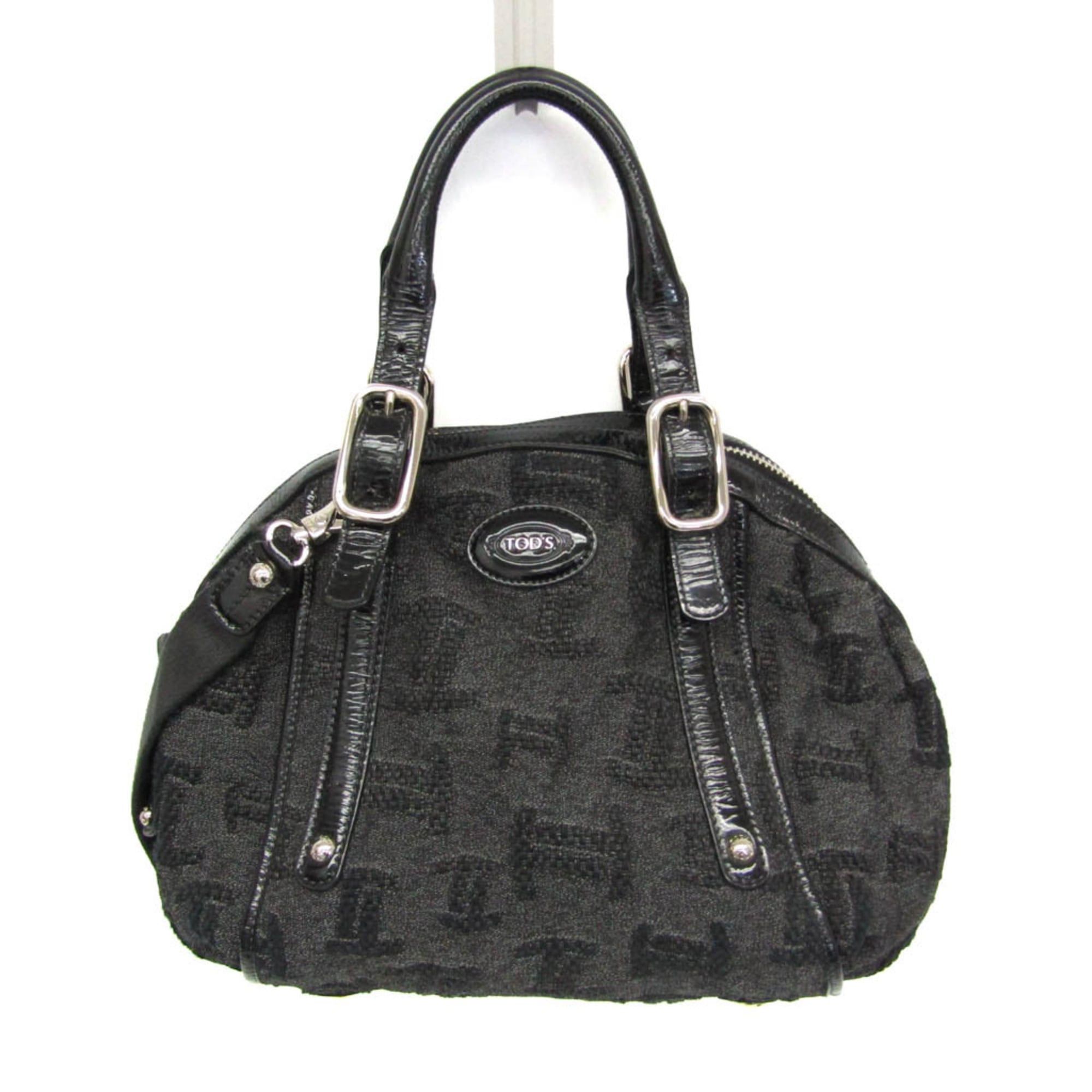 Tod's Tod's Small Boston Bag Women's Canvas,Patent Leather Handbag,Shoulder Bag Black,Dark Gray Size ONE SIZE - 1 Thumbnail