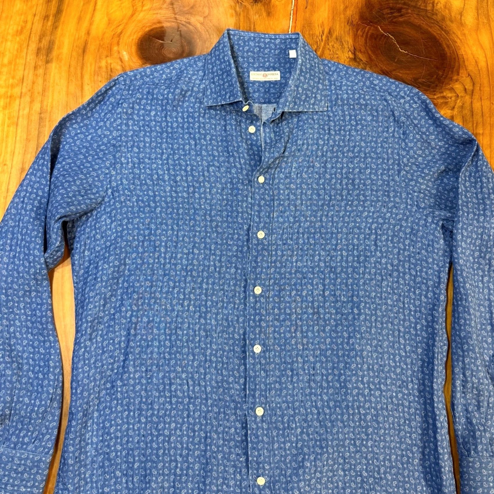 Vintage Luciano Barbera Shirt Mens XL Blue Button Linen Business Casual Paisley Size US XL / EU 56 / 4 - 2 Thumbnail