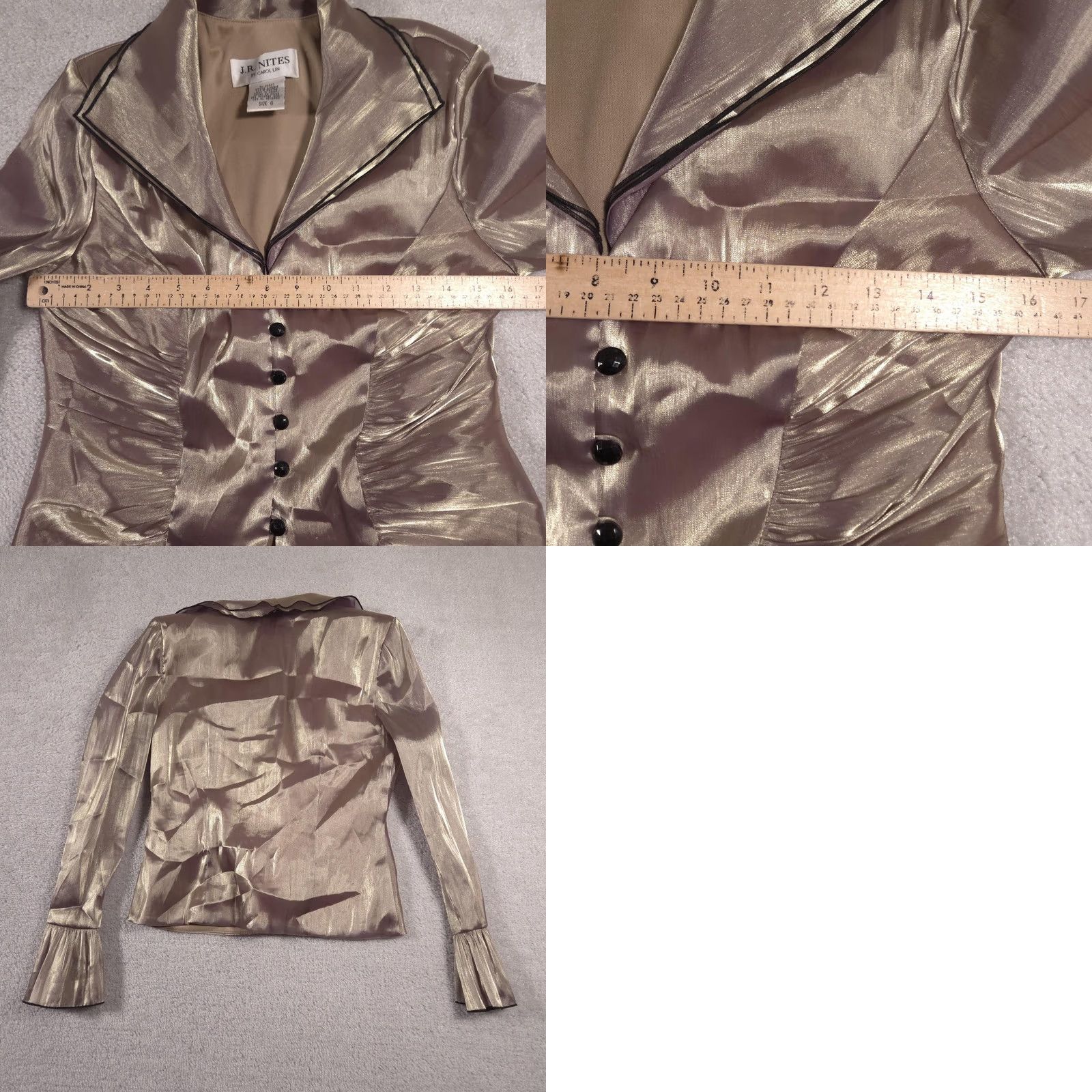Vintage J.R. Nites Blazer Womens 6 Gold Metallic Shimmer Ruched Tuxedo Pleated Sleeve Jacket Size M / US 6-8 / IT 42-44 - 9 Thumbnail