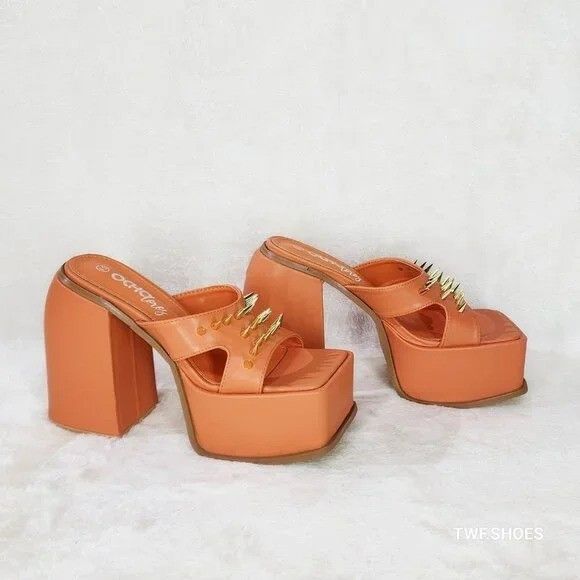 Other Orange Slip On Square Open Toe Chunky Platform Sandals Spike Size US 9 / IT 39 - 4 Thumbnail