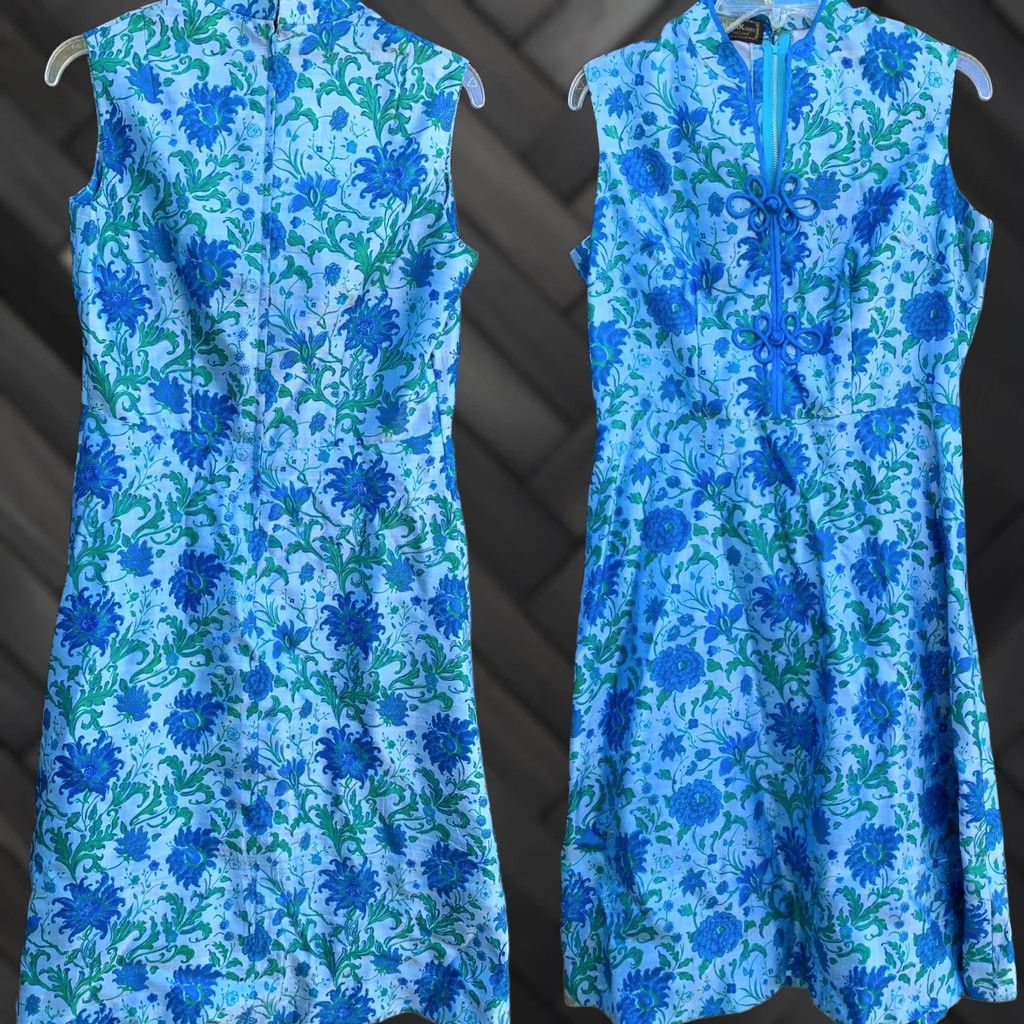 Vintage VINTAGE Thai Silk Dress Floral Metal Zipper cheongsam tiki mod Dress 100% Silk Blue 1960s Womens Size 4XL / US 24-26 - 1 Thumbnail