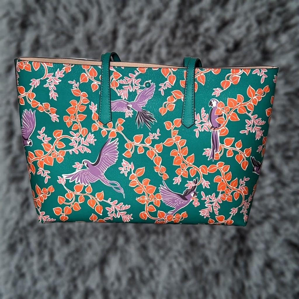 Vintage VINTAGE Kate Spade New York Molly Bird Party Large Tote w/ Matching Wallet Green Teal Orange Purple Pink Leather Tote Women Size ONE SIZE - 1 Thumbnail