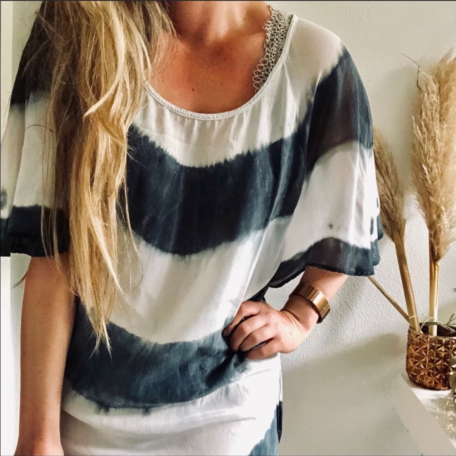 Gypsy 05 GYPSY 05 REVOLVE Navy Blue White Silk Dye Stripe Tunic Dress Size S / US 4 / IT 40 - 4 Thumbnail