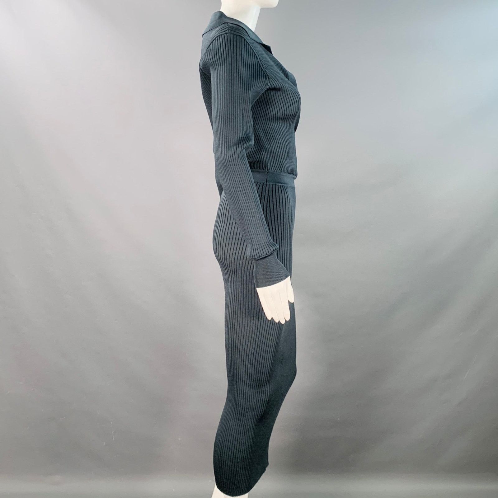 Self-Portrait Dark Green Grey Viscose Blend Rib Knit Midi Shirt Dress Size S / US 4 / IT 40 - 3 Thumbnail