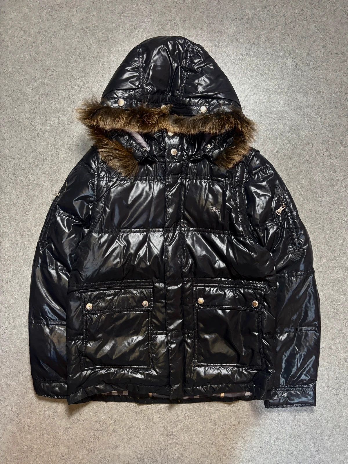 Burberry Black Label Glossy Down Jacket Fur Hood vest