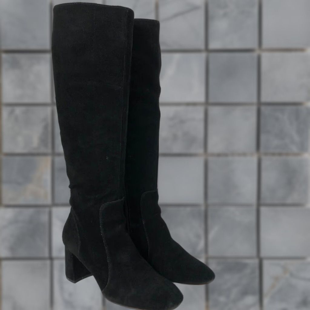 Vintage Essex Lane El Gano Boots Womens Size 7 M Black Suede Knee High Zip Block Heel Platform City Clubwear Disco Going Out Gothic Retro Size US 7 / IT 37 - 1 Thumbnail