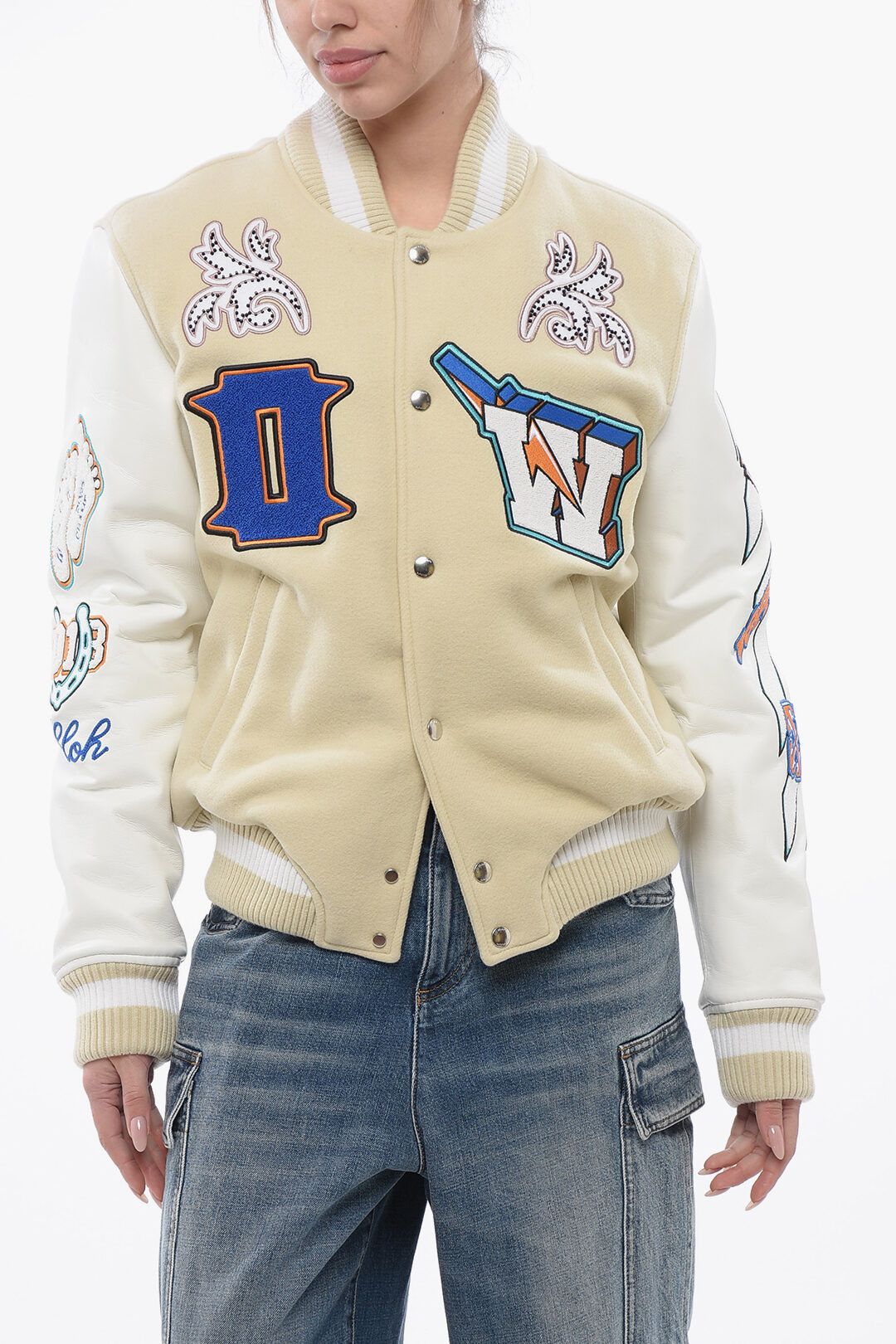 og1mm1125 Padded Thunderbolt Bomber Jacket in Beige/White
