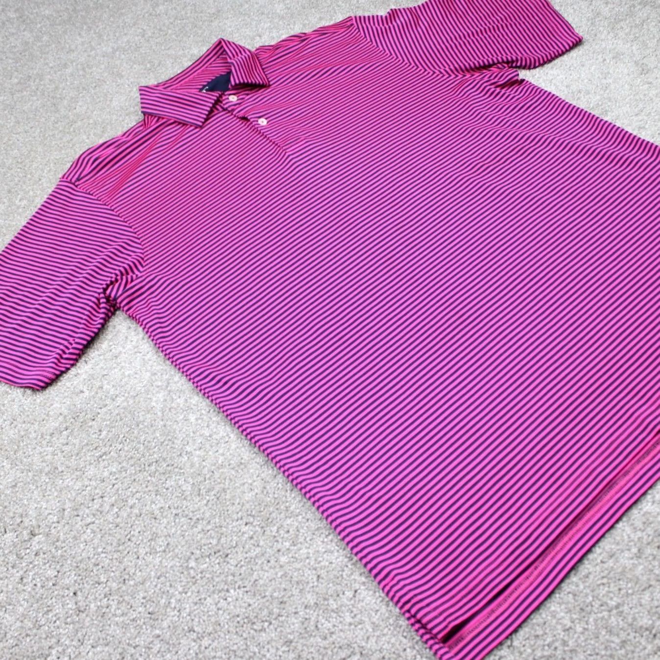 Vintage F&G Tech Polo Shirt Mens Large Pink/Blue Striped Wicking Polyester Short Sleeve Shirt Size US L / EU 52-54 / 3 - 7 Thumbnail