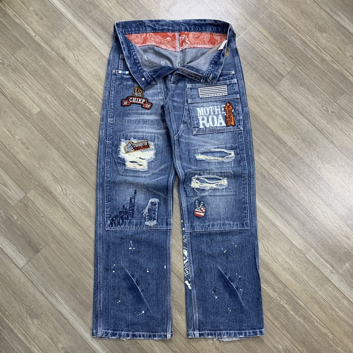 14th Addiction × If Six Was Nine × Japanese Brand Mind Of USA Patchwork Boro Distressed Double Knee Pants Size US 33 - 2 Thumbnail