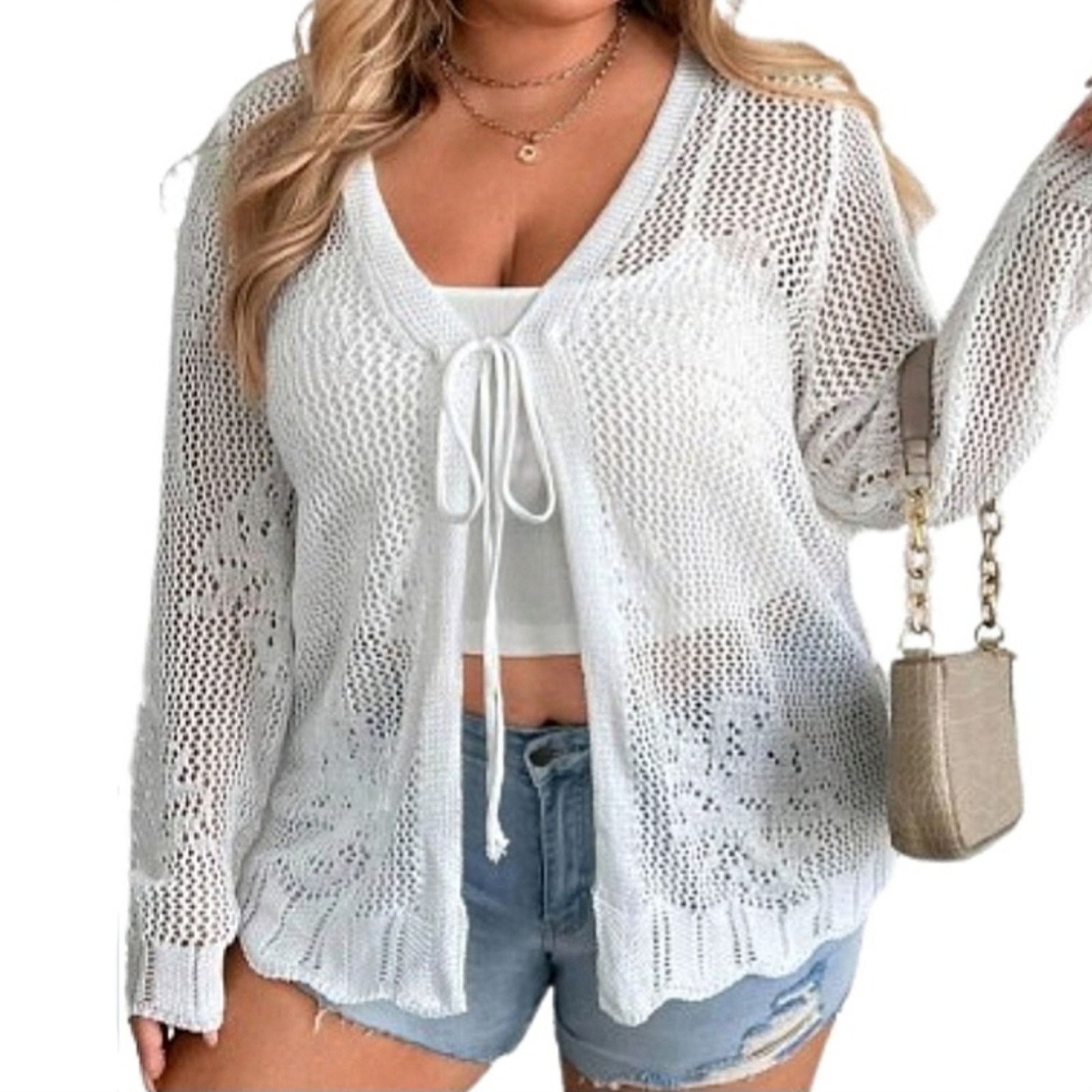Shein OFF-WHITE ☆ CROCHET STYLE ☆ TIE FRONT ☆ CARDIGAN 5x ☆ NWT Size 4XL / US 24-26 - 5 Thumbnail