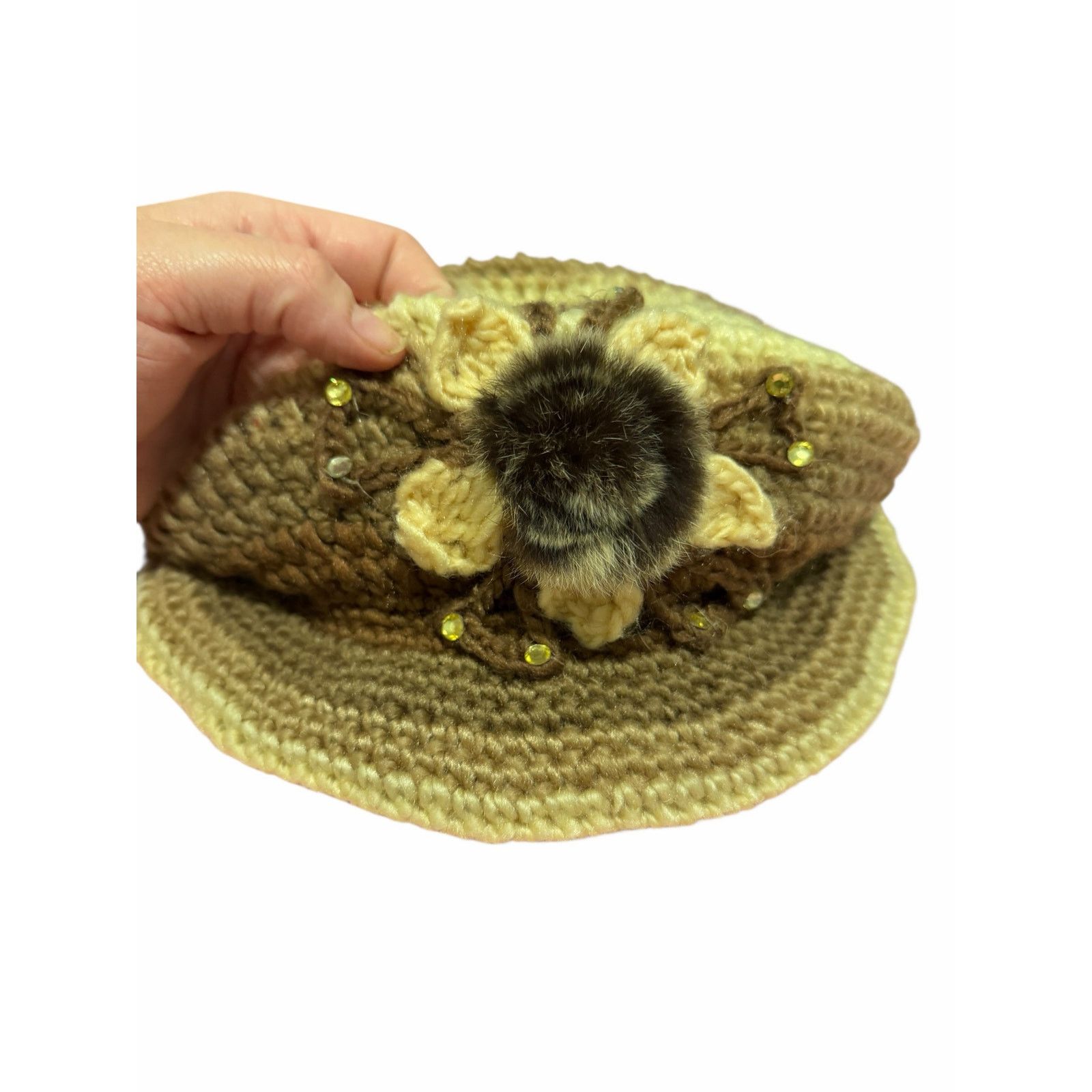 Other Women's Brown Cream Crocheted Flower Embellish Circle Hat Size ONE SIZE - 5 Thumbnail