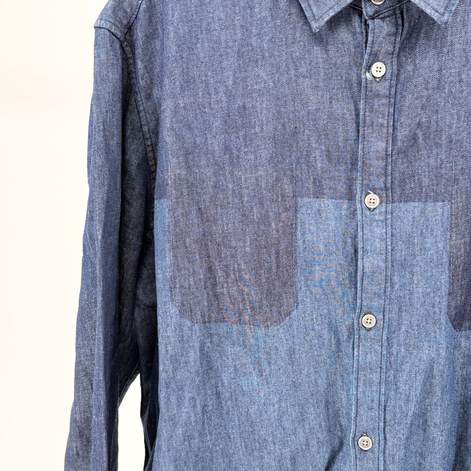 Elie Tahari Blue Cotton Linen Chambray Colorblock Patchwork Shirt Size US L / EU 52-54 / 3 - 3 Thumbnail