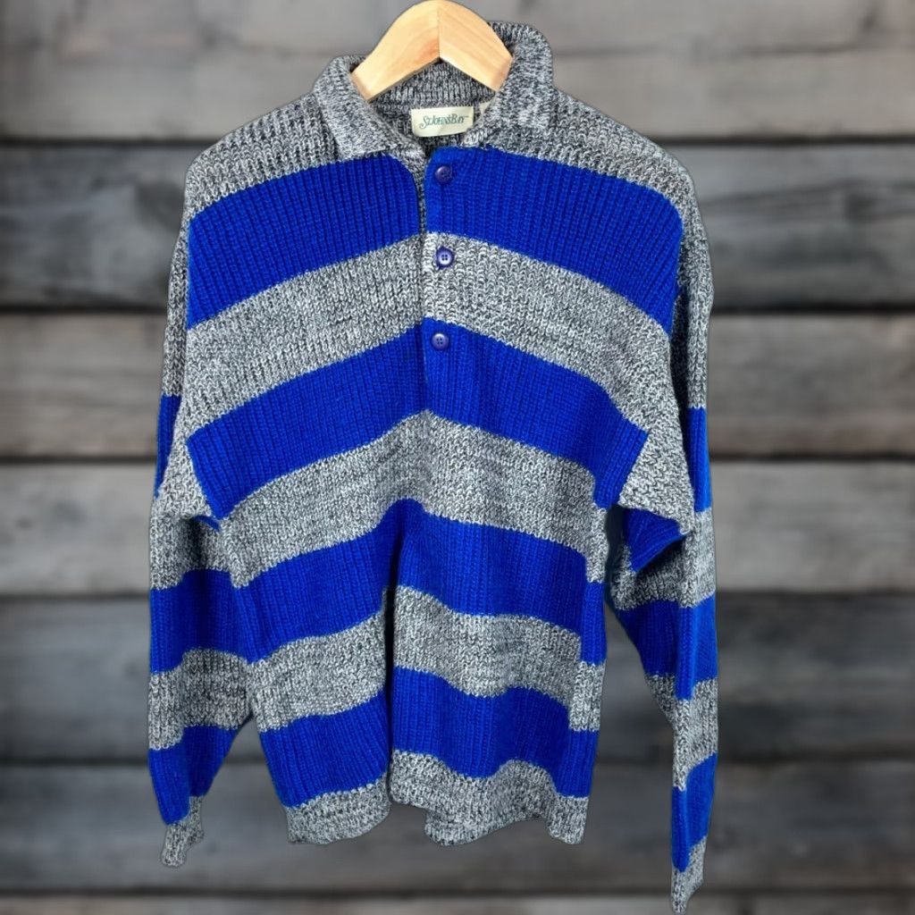 Vintage VINTAGE St. John's Bay Chunky Knit Henley Sweater Mens L Gray Blue Stripe Collared 90s Preppy Size US L / EU 52-54 / 3 - 1 Thumbnail