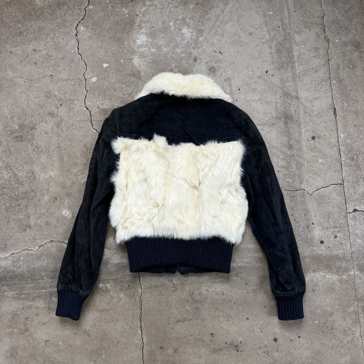 Le Grande Bleu (L.G.B.) Vintage Echt Leder Rabbit Fur Suede Navy Bomber Jacket Size XS / US 0-2 / IT 36-38 - 2 Thumbnail