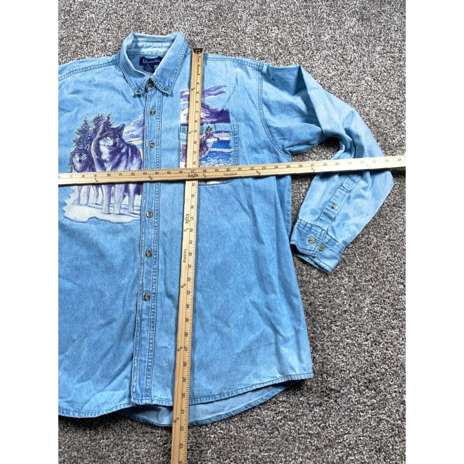 Vintage Thunder Denim Shirt Men's XL Blue 90s Wolves Scenic Graphic Print Button-Up Shirt by Thunder Size US XL / EU 56 / 4 - 5 Thumbnail