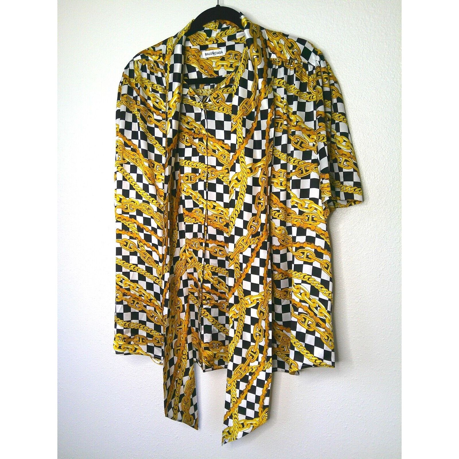 Balenciaga Balenciaga Black Gold Chain Print Short Sleeve Tie Blouse 40 Size S / US 4 / IT 40 - 1 Thumbnail