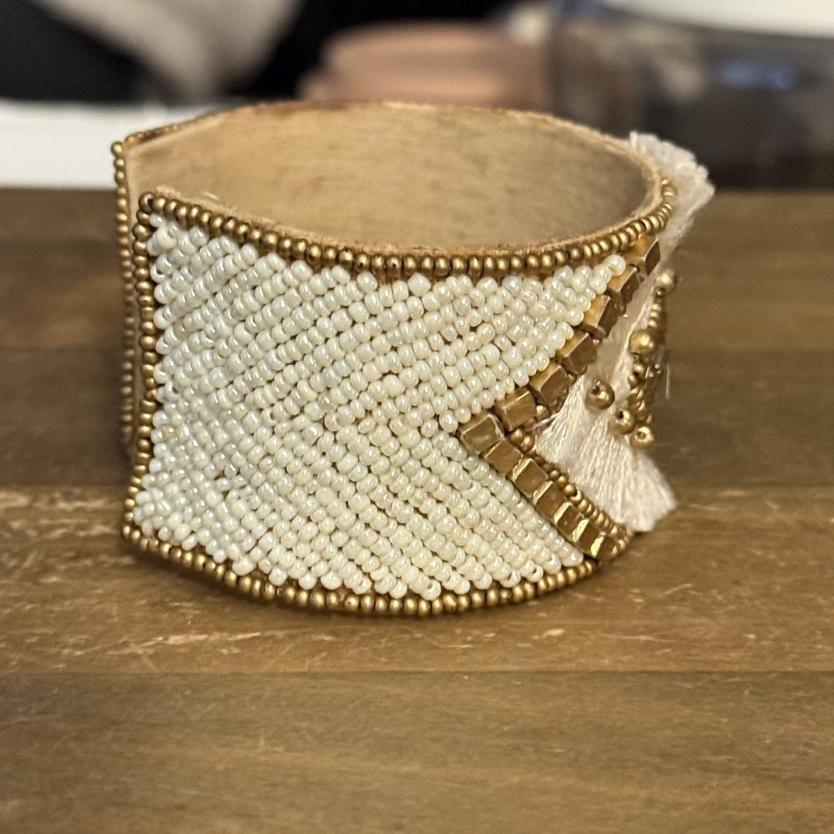 Other Handmade white and gold beaded rhinestone wide cuff bracelet Size ONE SIZE - 4 Thumbnail