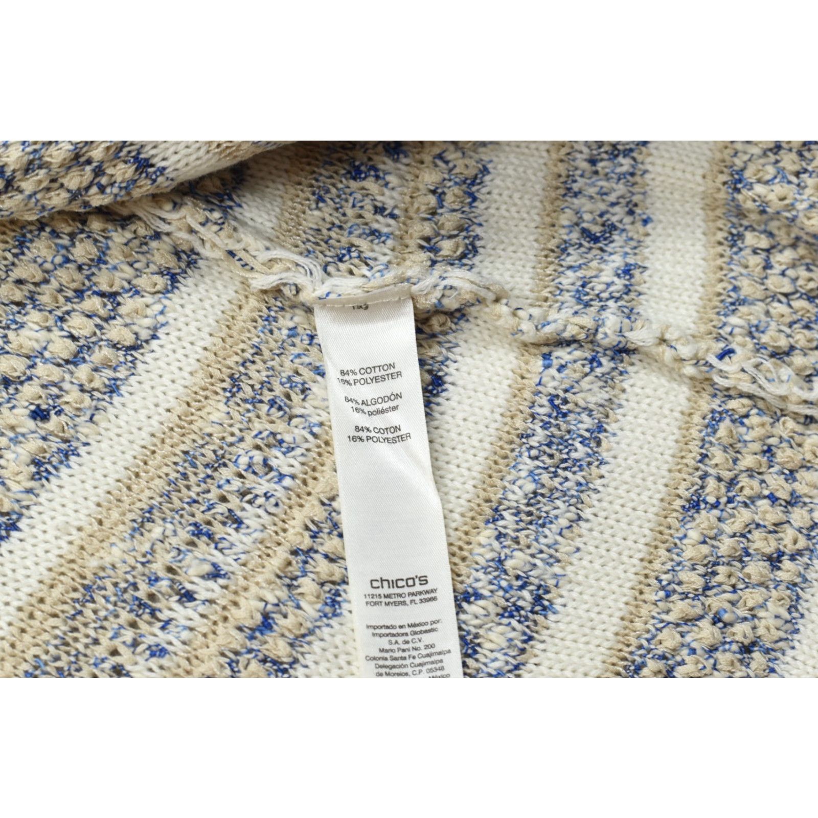 Vintage Chico's Cardigan Women Open Front Fringe Trim Striped Knit Blue Cream Size 3 Sweater - Regular Fit, Crew Neck, Long Sleeve Size XS / US 0-2 / IT 36-38 - 6 Thumbnail