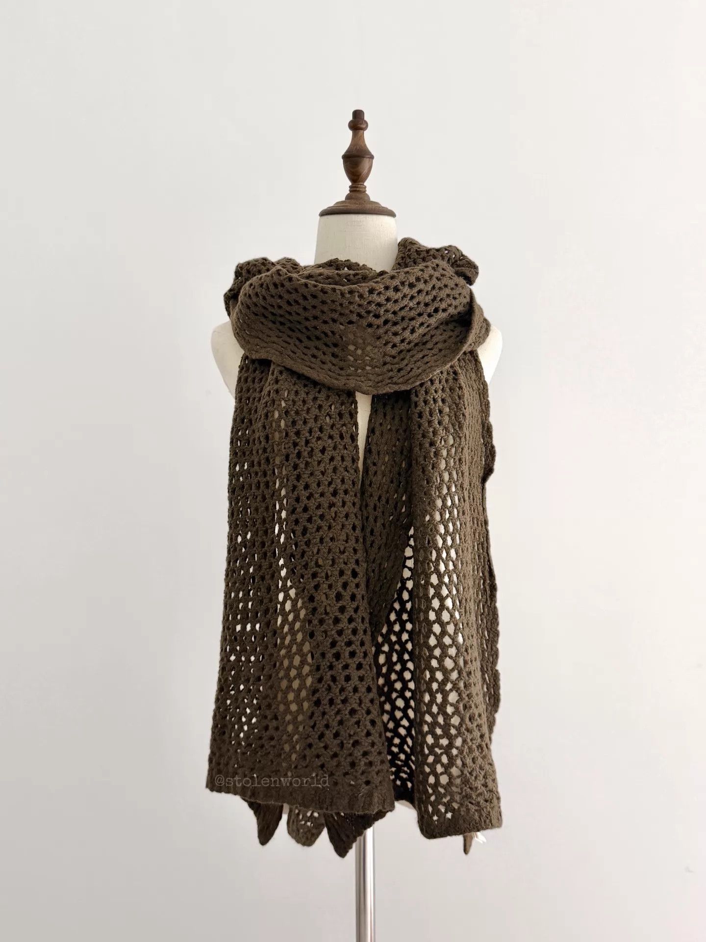 Yohji Yamamoto Yohji Yamamoto Y's Crochet Mesh Wool Scarf Moss Brown Size ONE SIZE - 2 Thumbnail