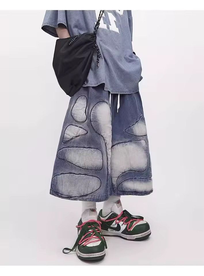 Other Distressed Patchwork Wide Leg Denim Hip Hop Shorts Size US 30 / EU 46 - 5 Thumbnail