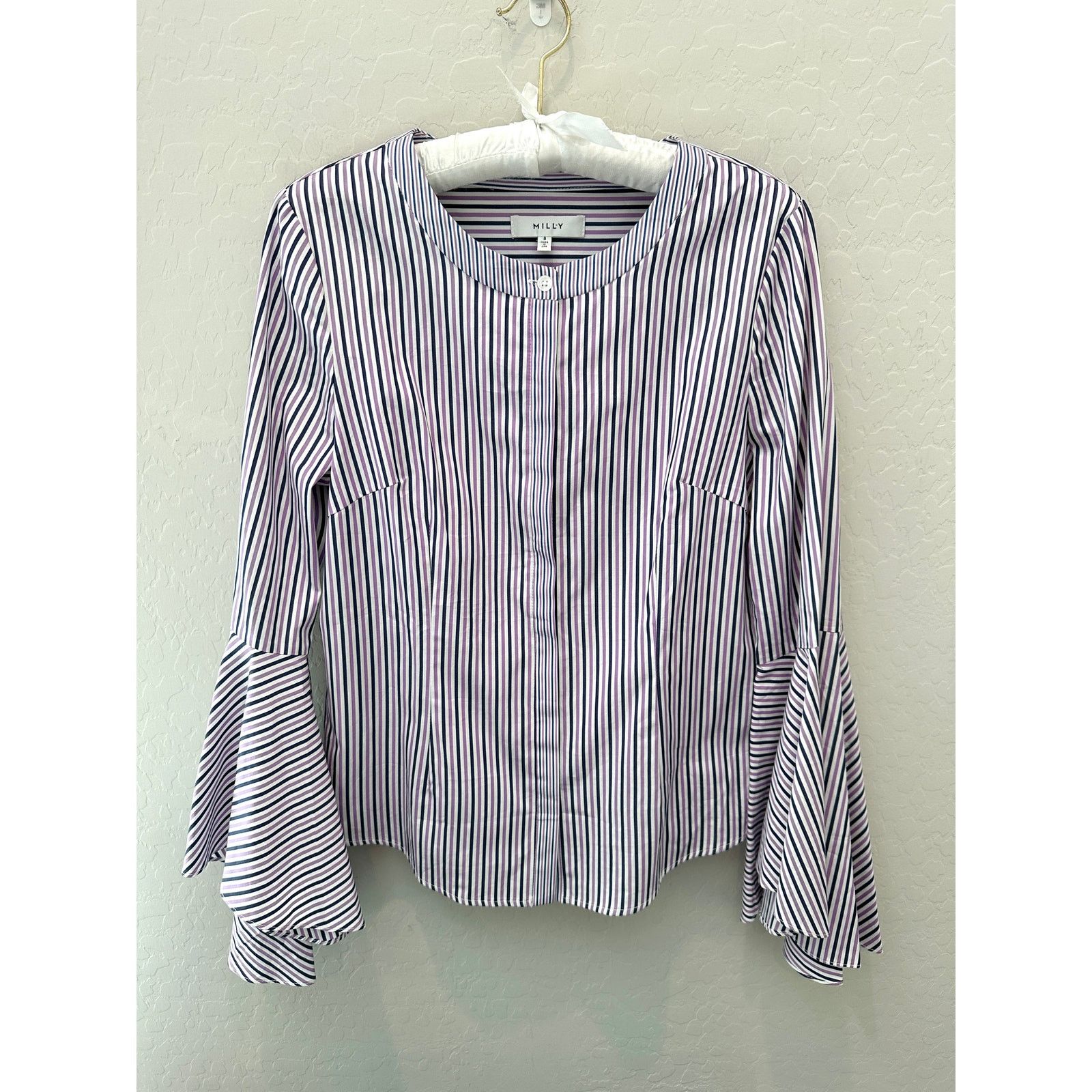 MILLY MILLY Purple Stripe Belle Sleeve Cotton Professional Blouse Size M / US 6-8 / IT 42-44 - 1 Thumbnail