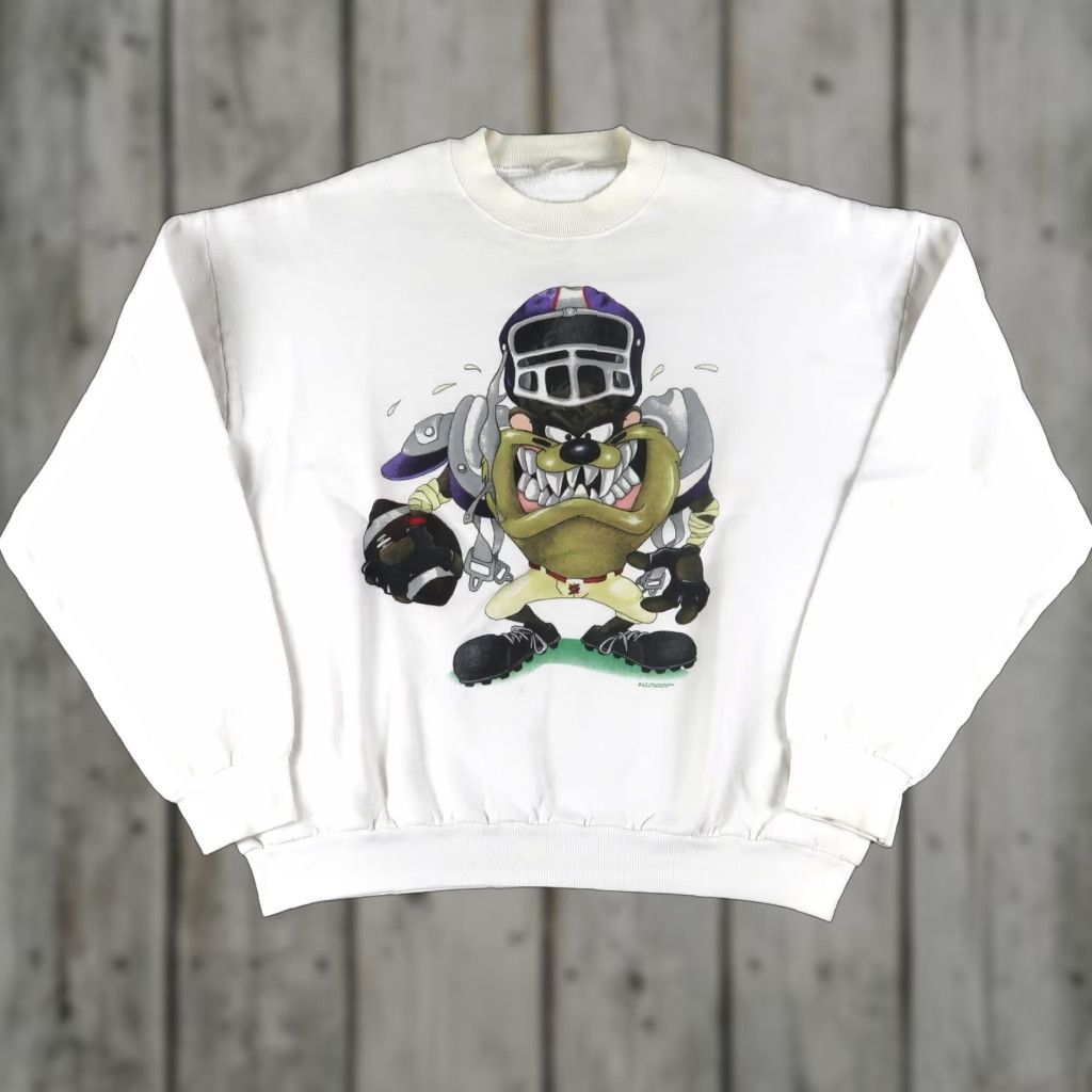 Fruit Of The Loom VINTAGE 90s Taz Looney Tunes Football Sweatshirt XL White Cotton Blend Pullover Men Size US XL / EU 56 / 4 - 1 Thumbnail