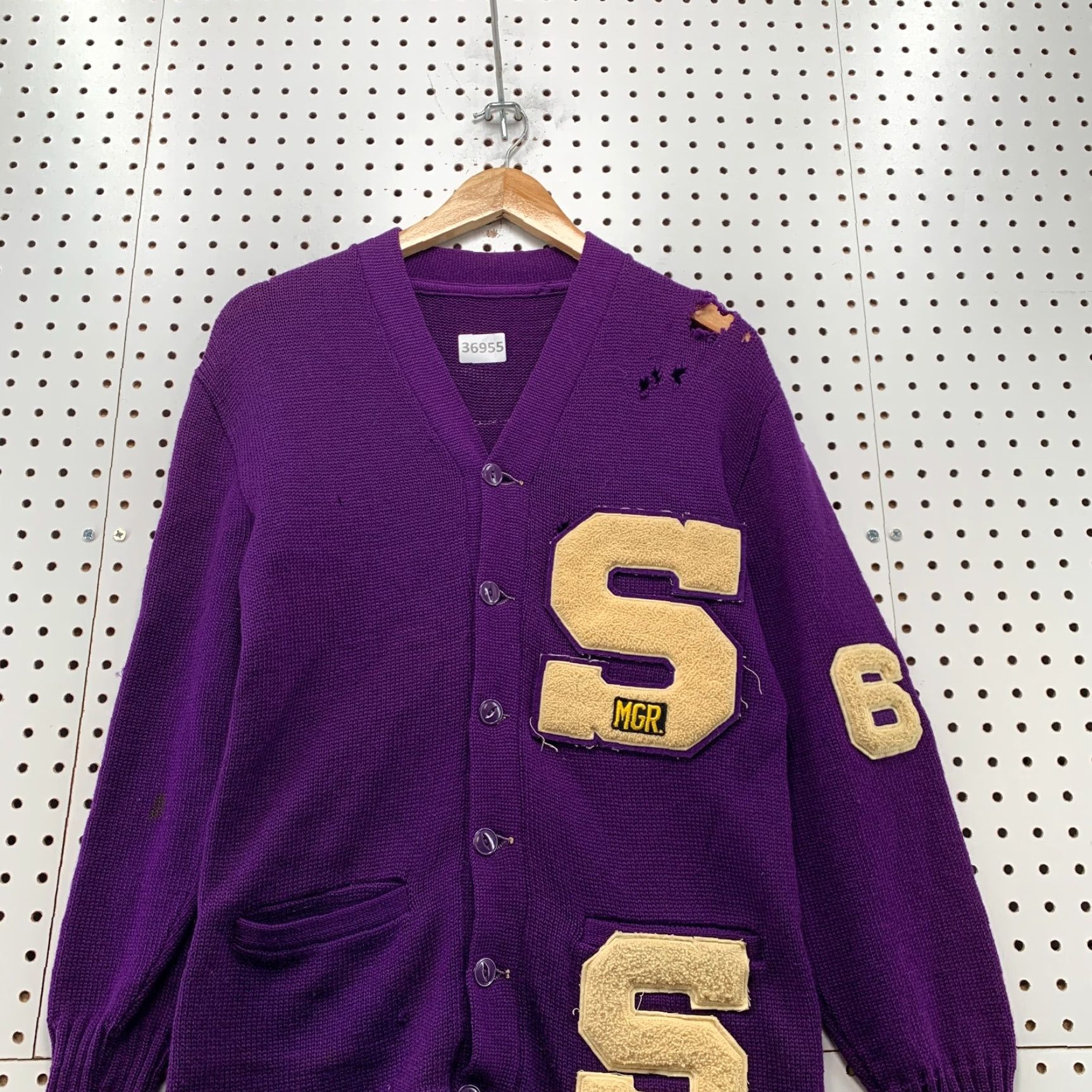 Vintage VINTAGE 60s Letterman Cardigan Sweater Mens Size Small Purple Solid Knit Long Sleeve V-Neck Distressed School Mens Size US S / EU 44-46 / 1 - 6 Thumbnail