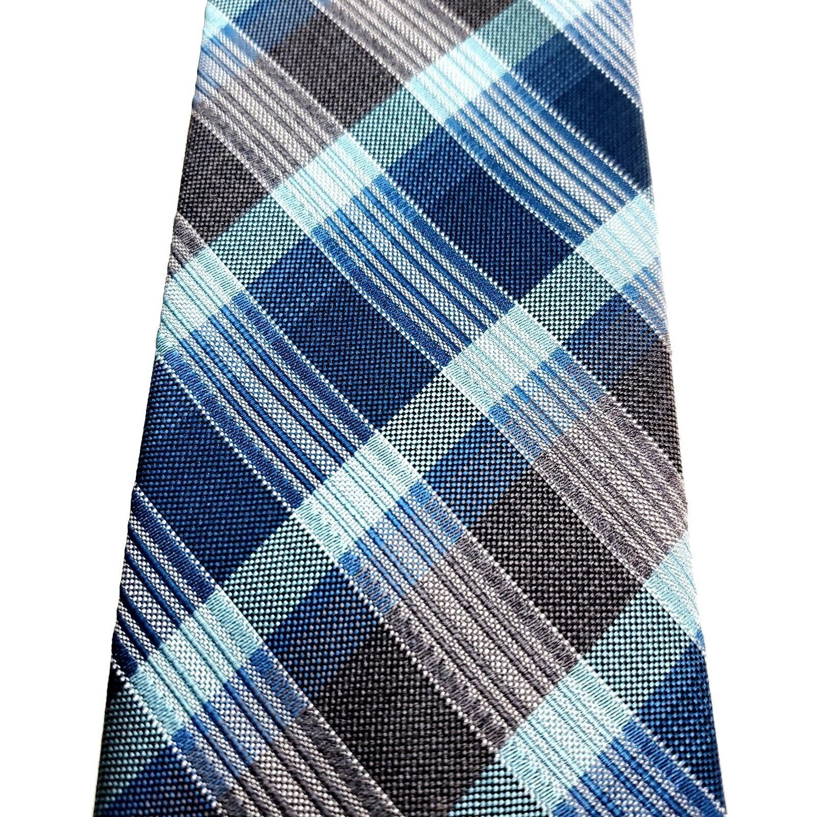 Kenneth Cole Kenneth Cole Reaction Silk Tie Blue Gray Plaid Skinny Woven Size ONE SIZE - 2 Thumbnail