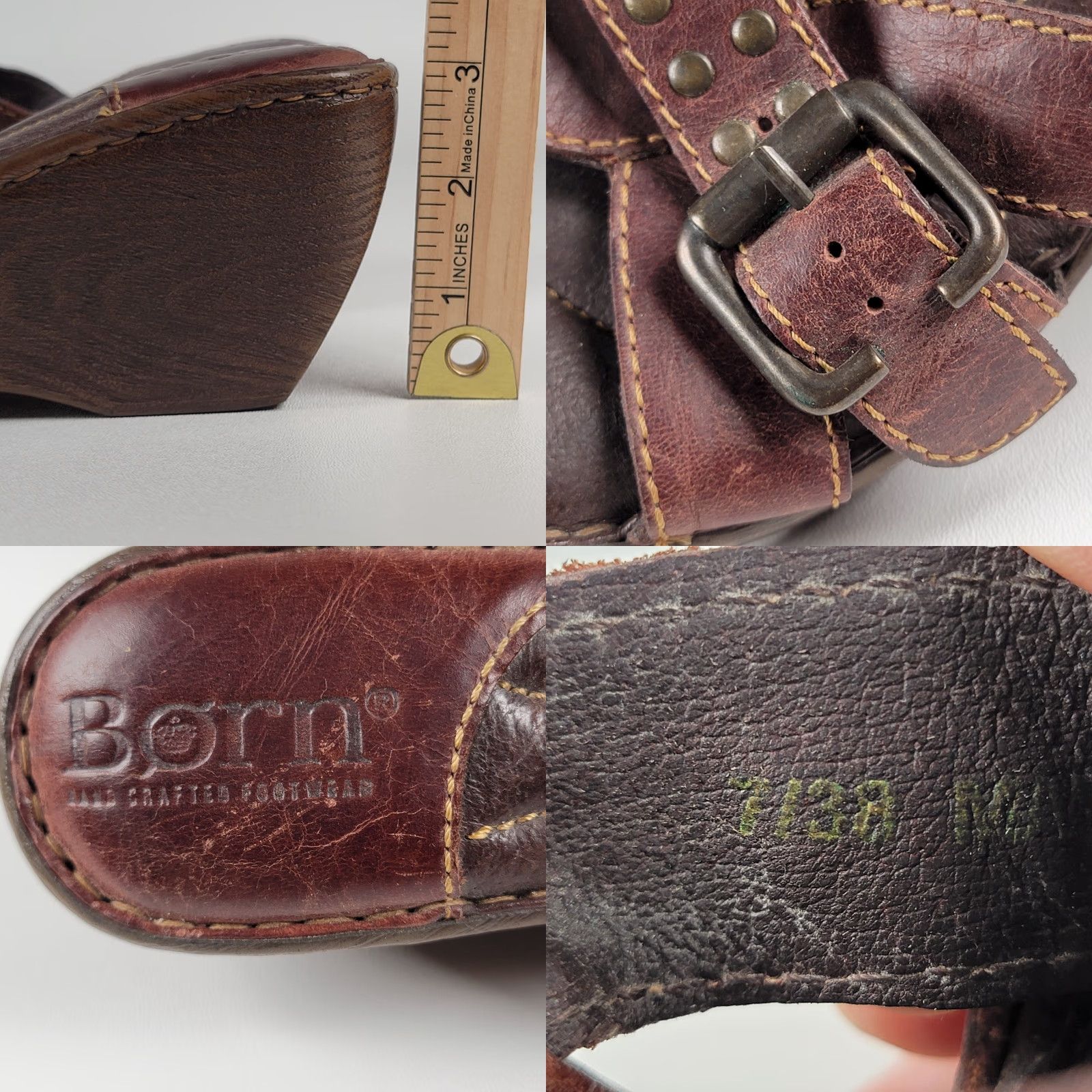 Born Born Brown Leather Criss Cross Studs Buckle Wedge Slide Sandals 38/ 7 US Size US 7 / IT 37 - 8 Thumbnail