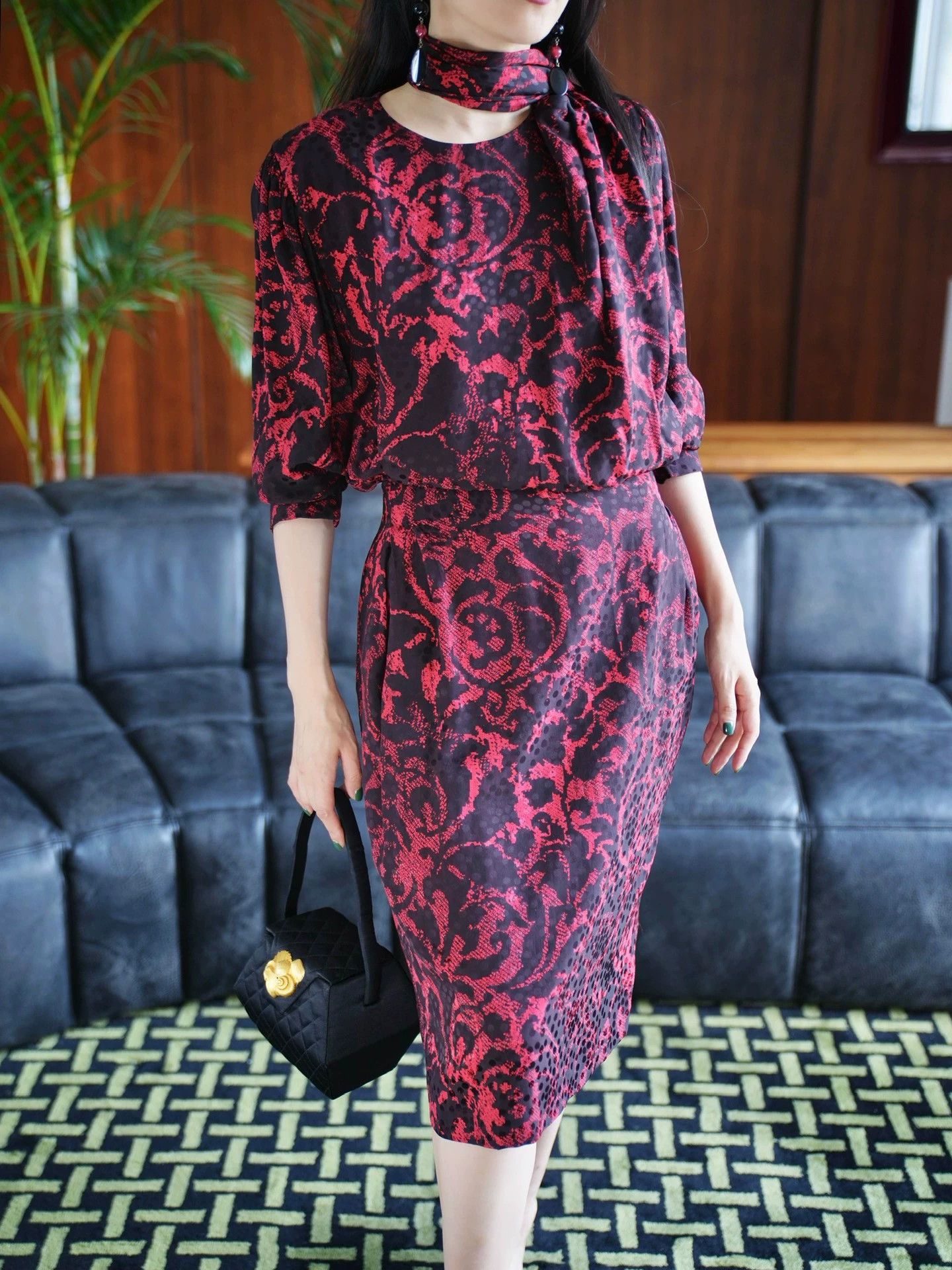 Oscar De La Renta Oscar de la Renta Vintage Red Black Floral Dress M Size M / US 6-8 / IT 42-44 - 8 Thumbnail
