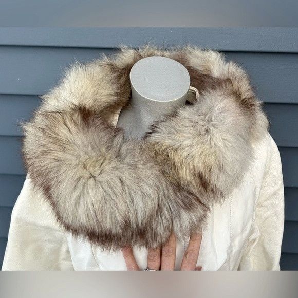 Other Vintage 60s Mod White Leather Fox Fur Collar Swing Coat Size L / US 10 / IT 46 - 3 Thumbnail