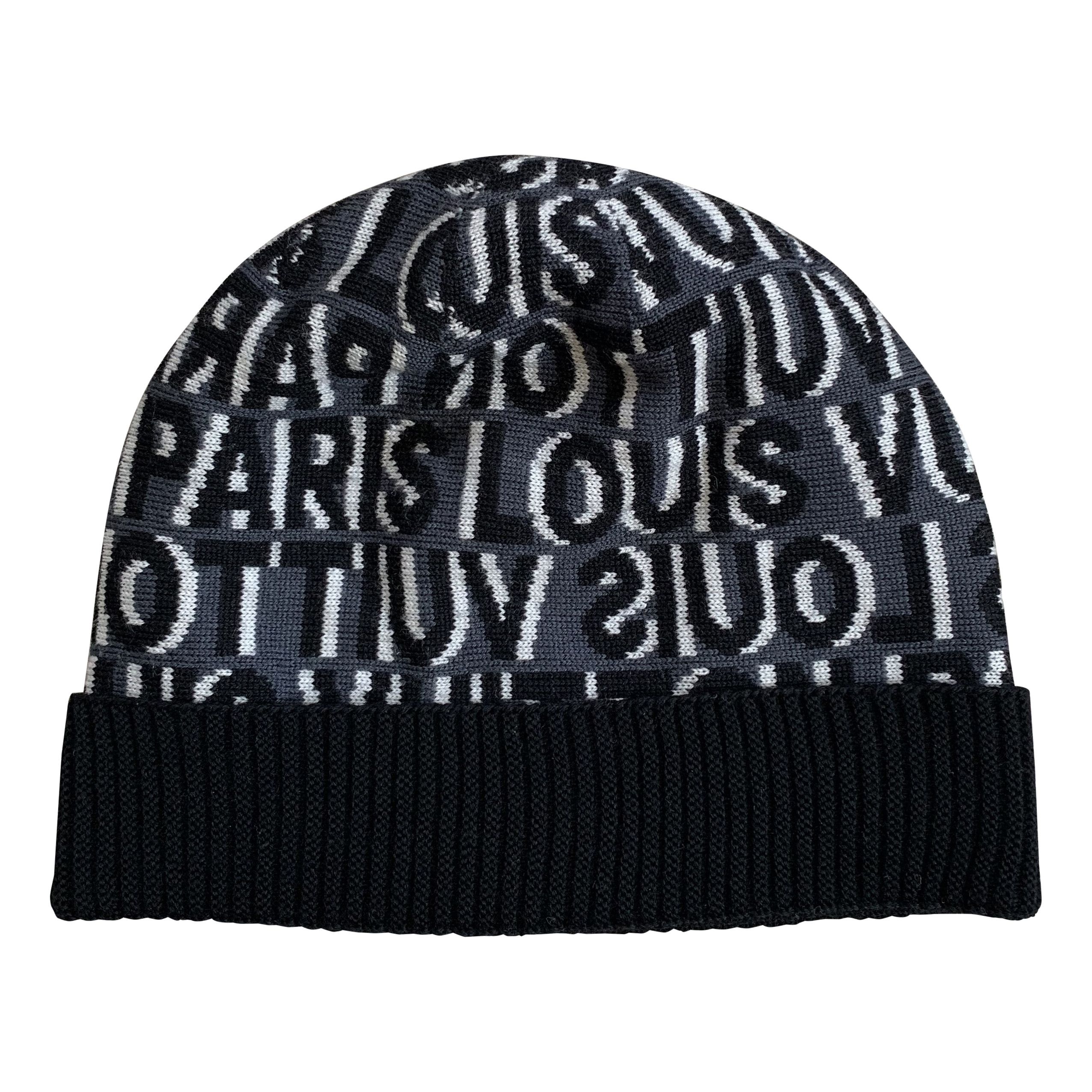image of Louis Vuitton Spellout Logo Beanie Hat in Black, Men's