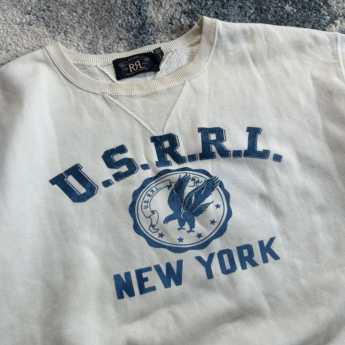 RRL Ralph Lauren 2018 CREAM U.S.R.R.L. MOUNTED COLLAR FOOTBALL CREWNECK BLUE Size US M / EU 48-50 / 2 - 7 Thumbnail