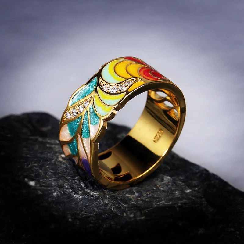 Jewelry Creative Handmade Feather Enamel Ring Size ONE SIZE - 1 Thumbnail