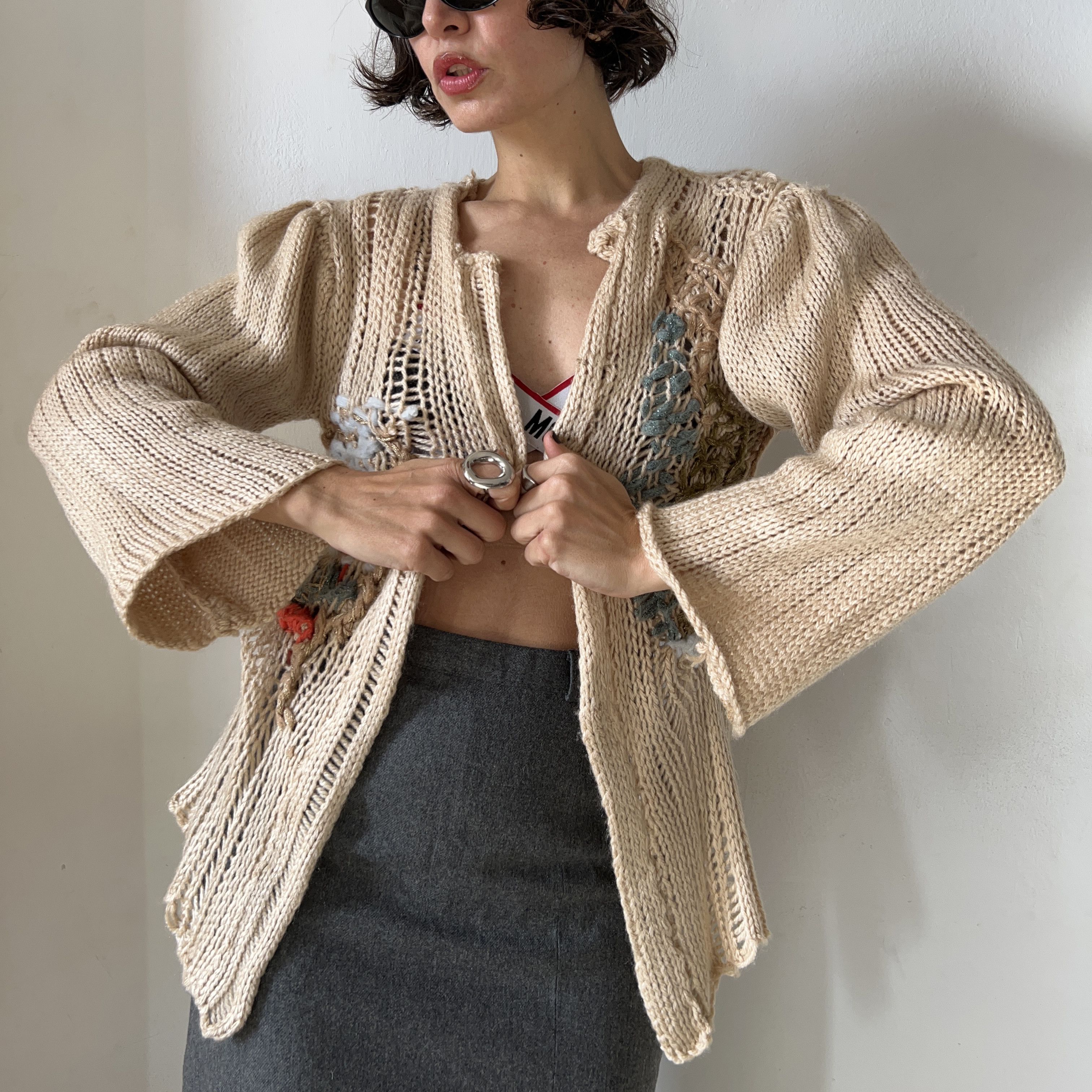 Designer × Handmade Hand knitted crochet tapestry beige open cardigan Size S / US 4 / IT 40 - 1 Thumbnail