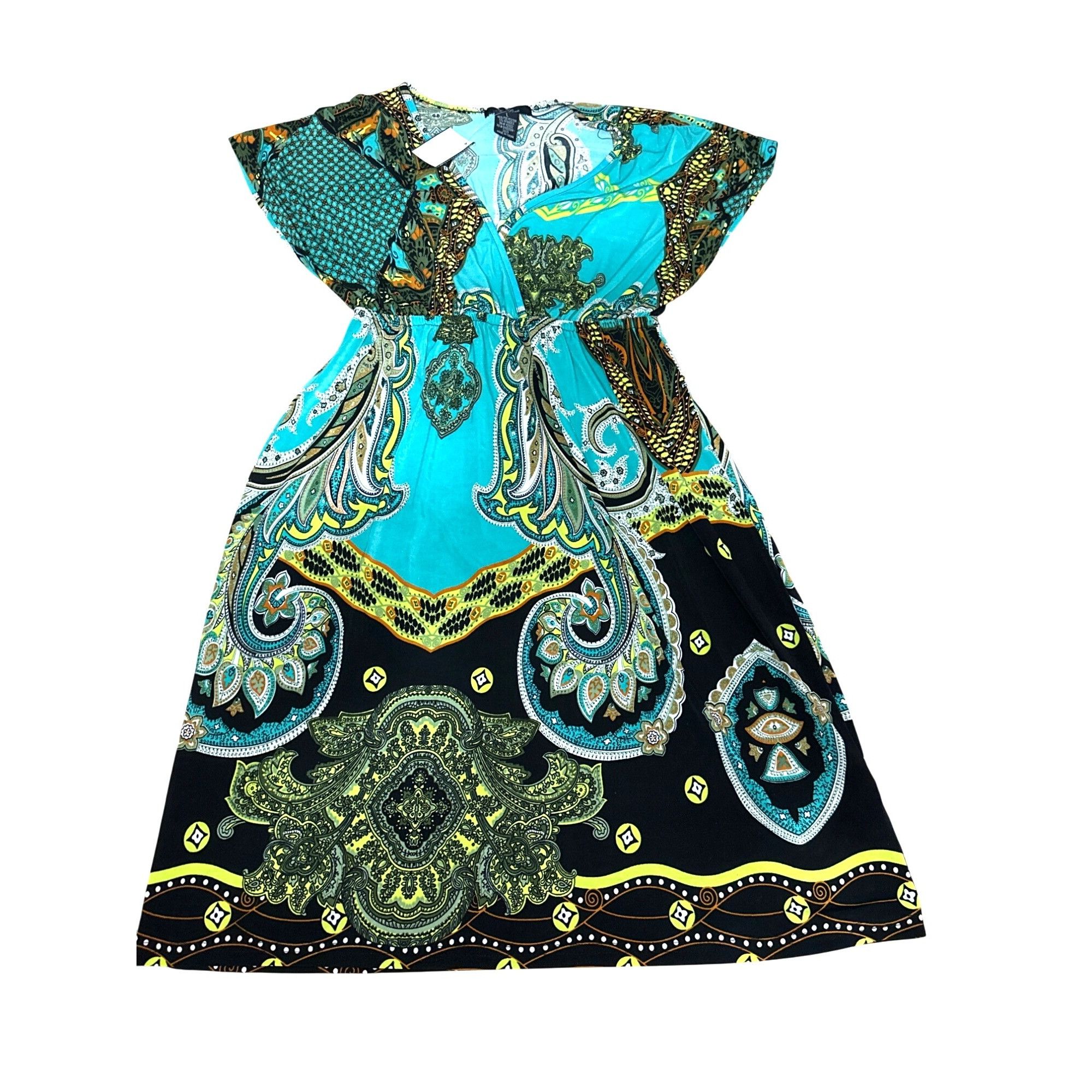Other 5th Love Large Turquoise Lime Green Black Printed Boho Dress Size L / US 10 / IT 46 - 7 Thumbnail