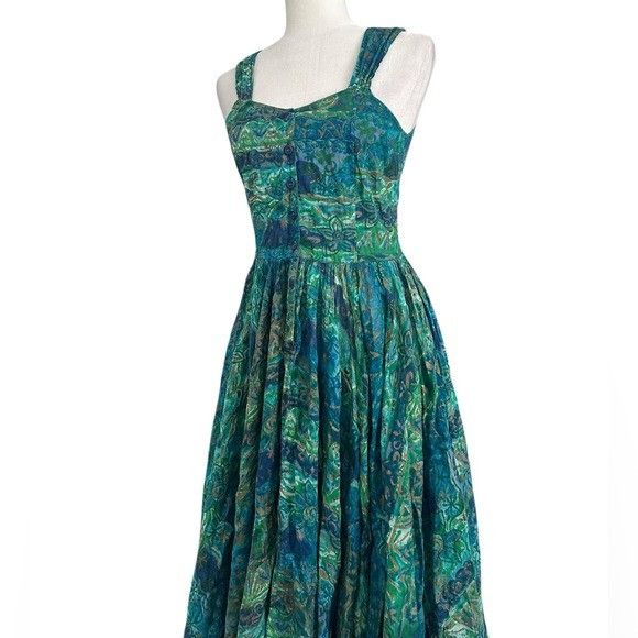 Other Vintage Paris Sports Club 100% Cotton Midi Blue and Green Fl Size M / US 6-8 / IT 42-44 - 3 Thumbnail
