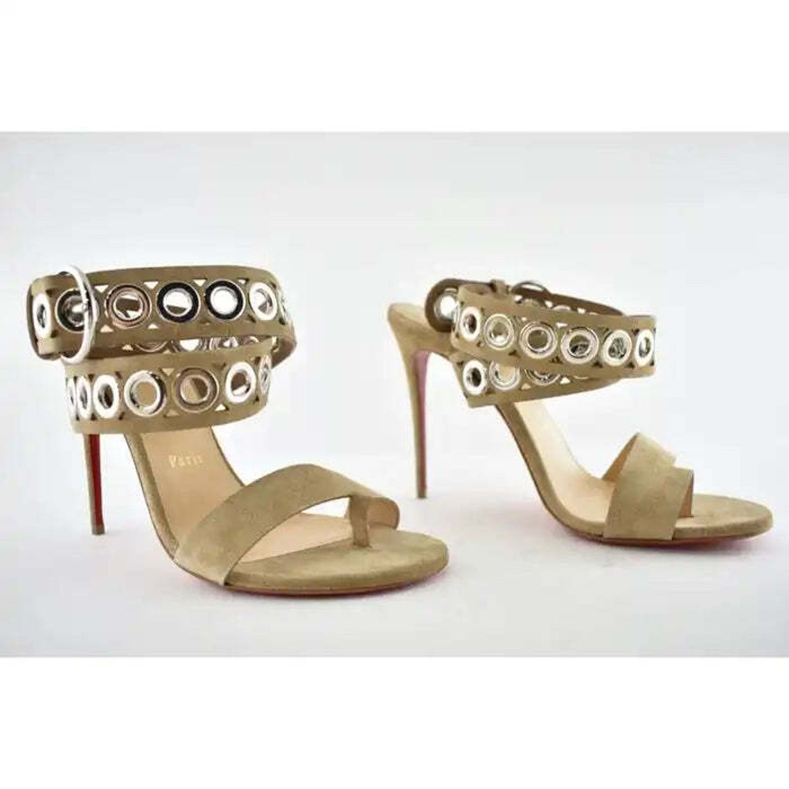 Christian Louboutin Sandaclou 100 Lionne Beige Suede Strap Sandal Heel Pump 40 Size US 10 / IT 40 - 4 Thumbnail