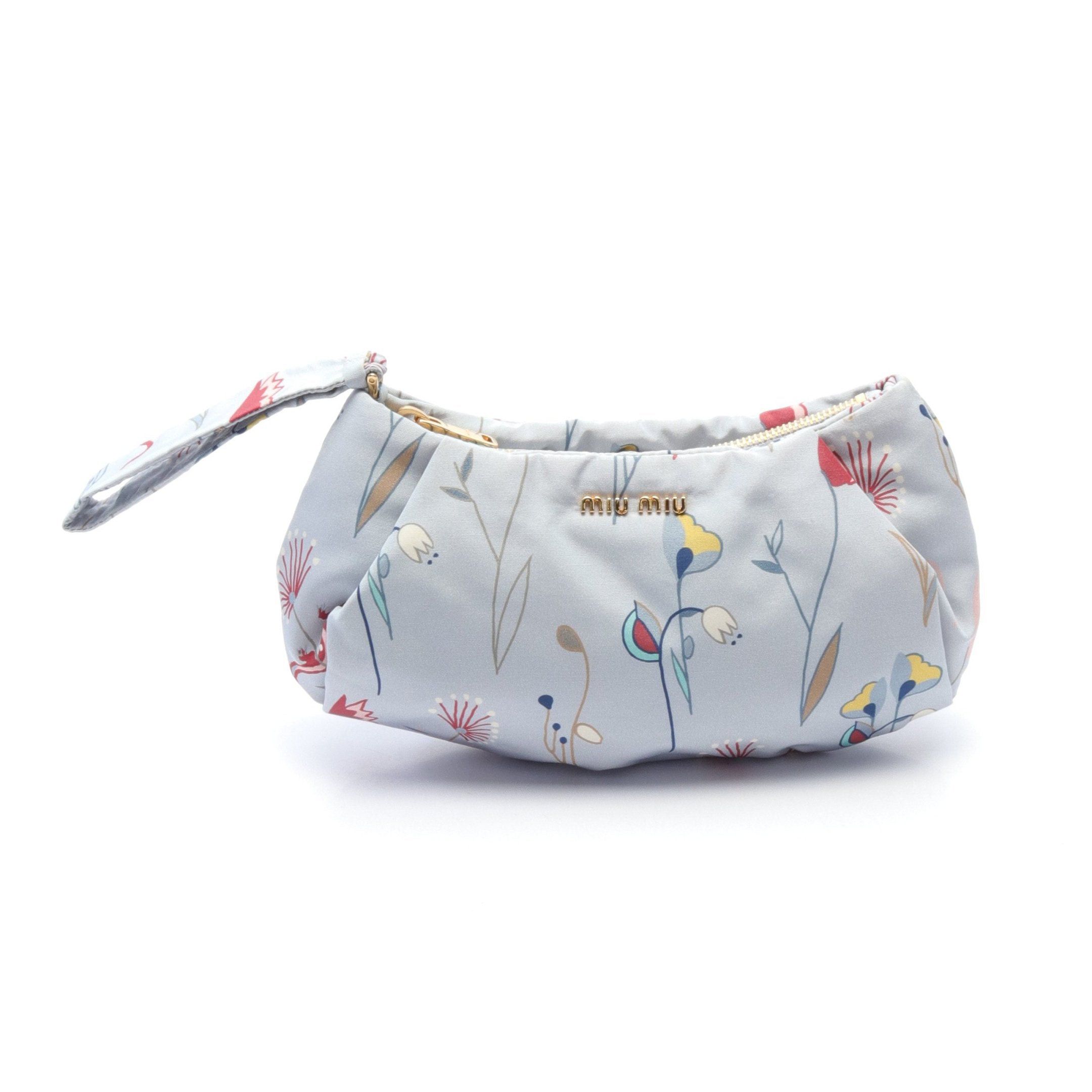 Miu Miu Faille Print Pouch Floral Pattern Fabric Blue Gray Multicolor