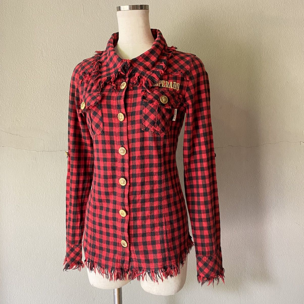 Designer × Japanese Brand GARULA Y2K Punk Red Black Check Frayed Shirt Size M / US 6-8 / IT 42-44 - 1 Thumbnail
