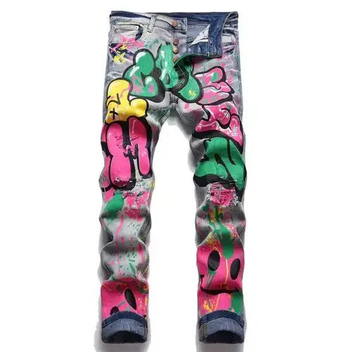 Other Men Colored Doodle Painted Denim Jeans Streetwear Size US 34 / EU 50 - 2 Thumbnail
