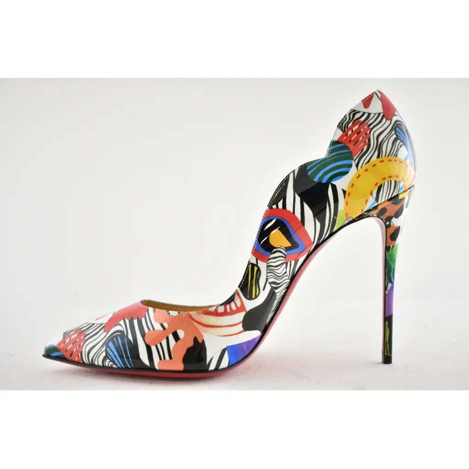 Christian Louboutin Hot Chick 100 Patent Sapeur Black Multicolor Heel Pump 37.5 Size US 7.5 / IT 37.5 - 9 Thumbnail